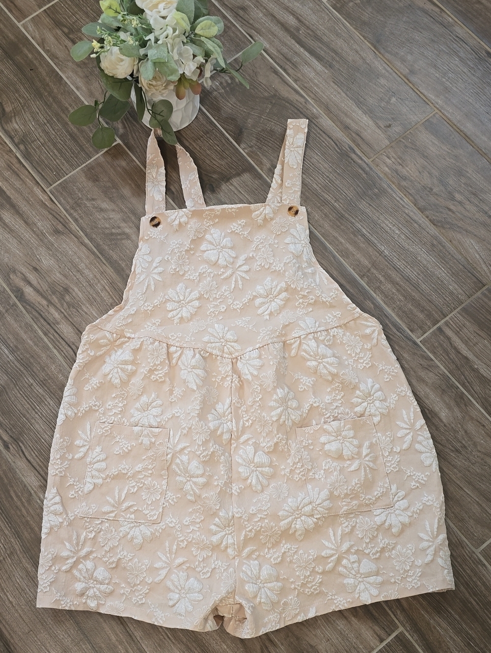 Womens Cream Floral Embroidered Short Overalls